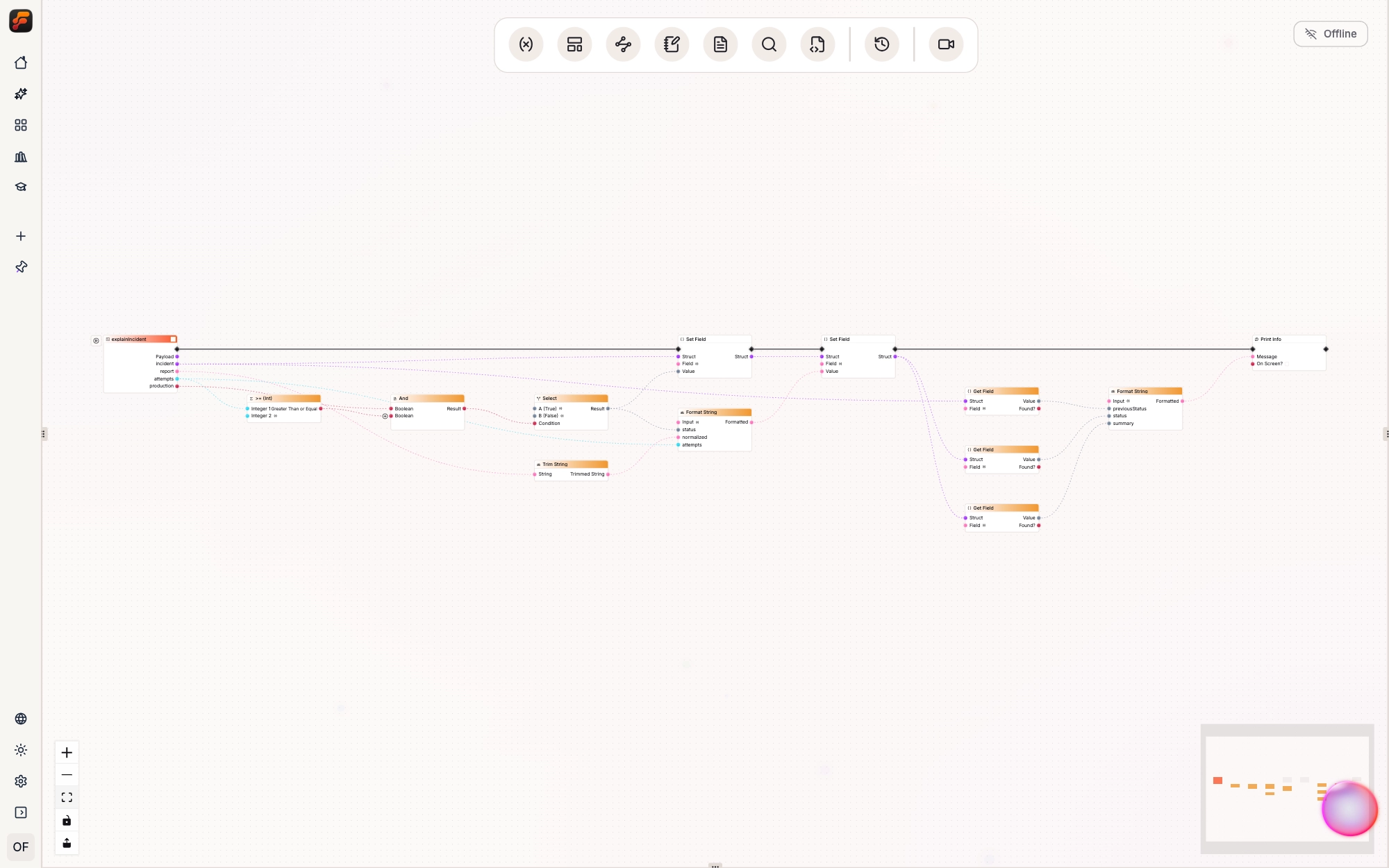 Complete Explain Incident workflow containing comparison, Boolean And, Select, Trim String, two Set Field nodes, three Get Field nodes, two Format String nodes, and Print Info.