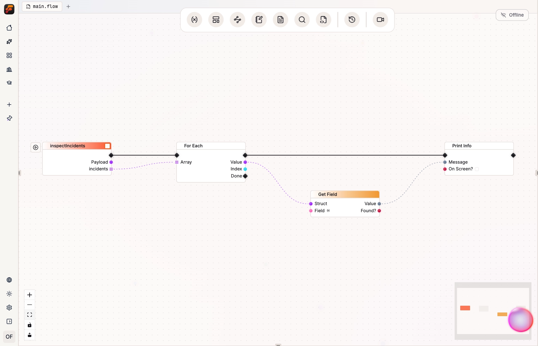 Inspect Incidents event passing a typed incidents array into For Each, with each Struct value feeding Get Field and Print Info.